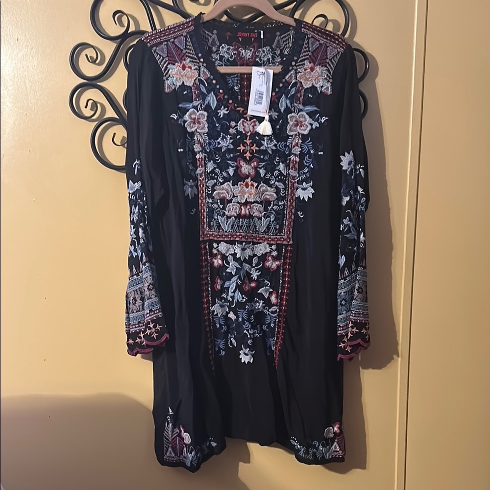 Johnny Was Black Floral Embroidered Long Sleeve Dress